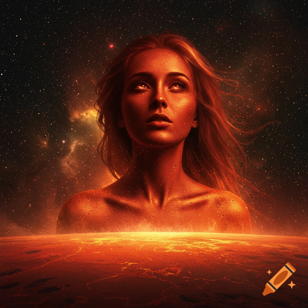 A woman with glowing red eyes and skin rises from a fiery, cracked planet against a starry cosmic background, bathed in red light.
