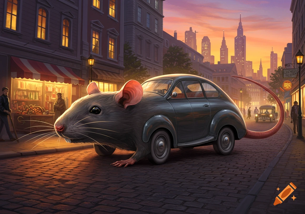 A giant rat with a dark car for its body drives down a cobblestone street in a detailed city at sunset.