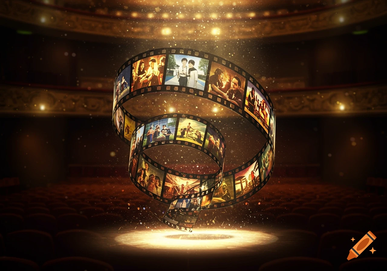 A glowing film reel spirals upwards from a spotlight on a stage in a darkened theater, sparkling with light particles.