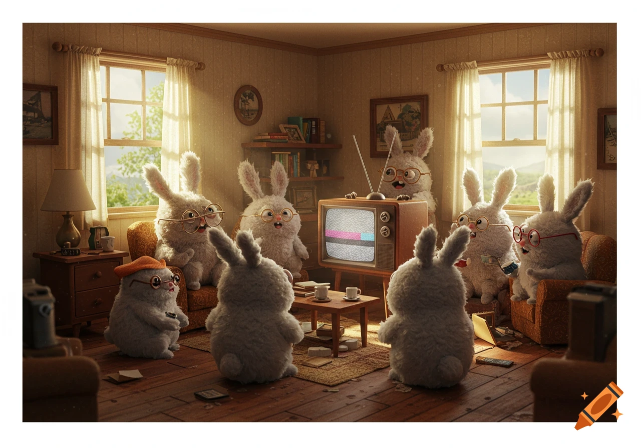 A group of fluffy white bunnies wearing glasses gathered in a cozy living room, watching an old television.