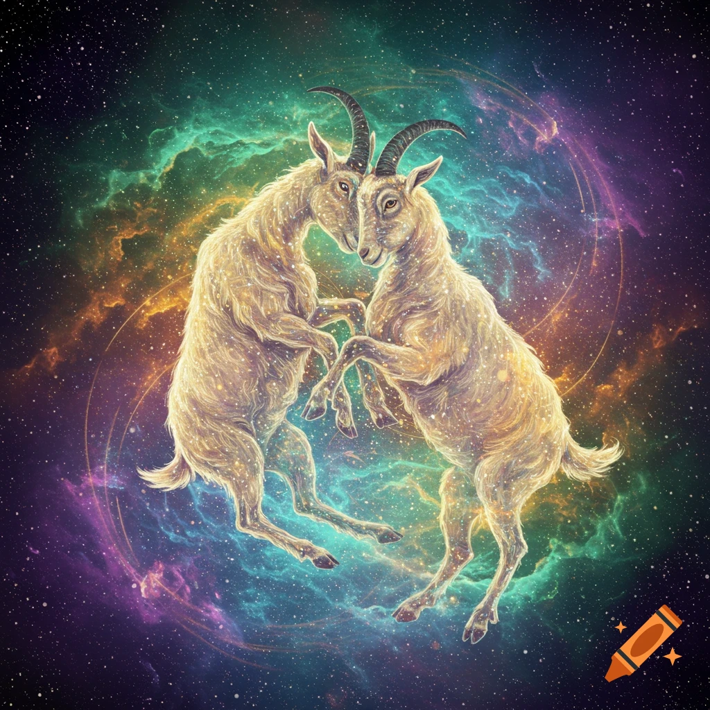 Two shimmering golden goats stand intertwined against a vibrant nebula and star-filled cosmic background.