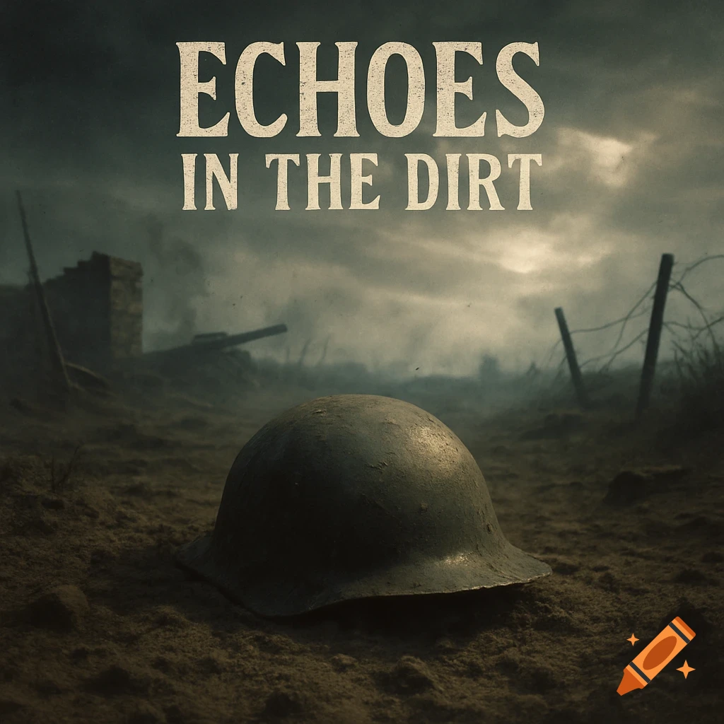 A military helmet lies on a muddy, foggy battlefield under a dark sky with 'ECHOES IN THE DIRT' text. Album cover style.