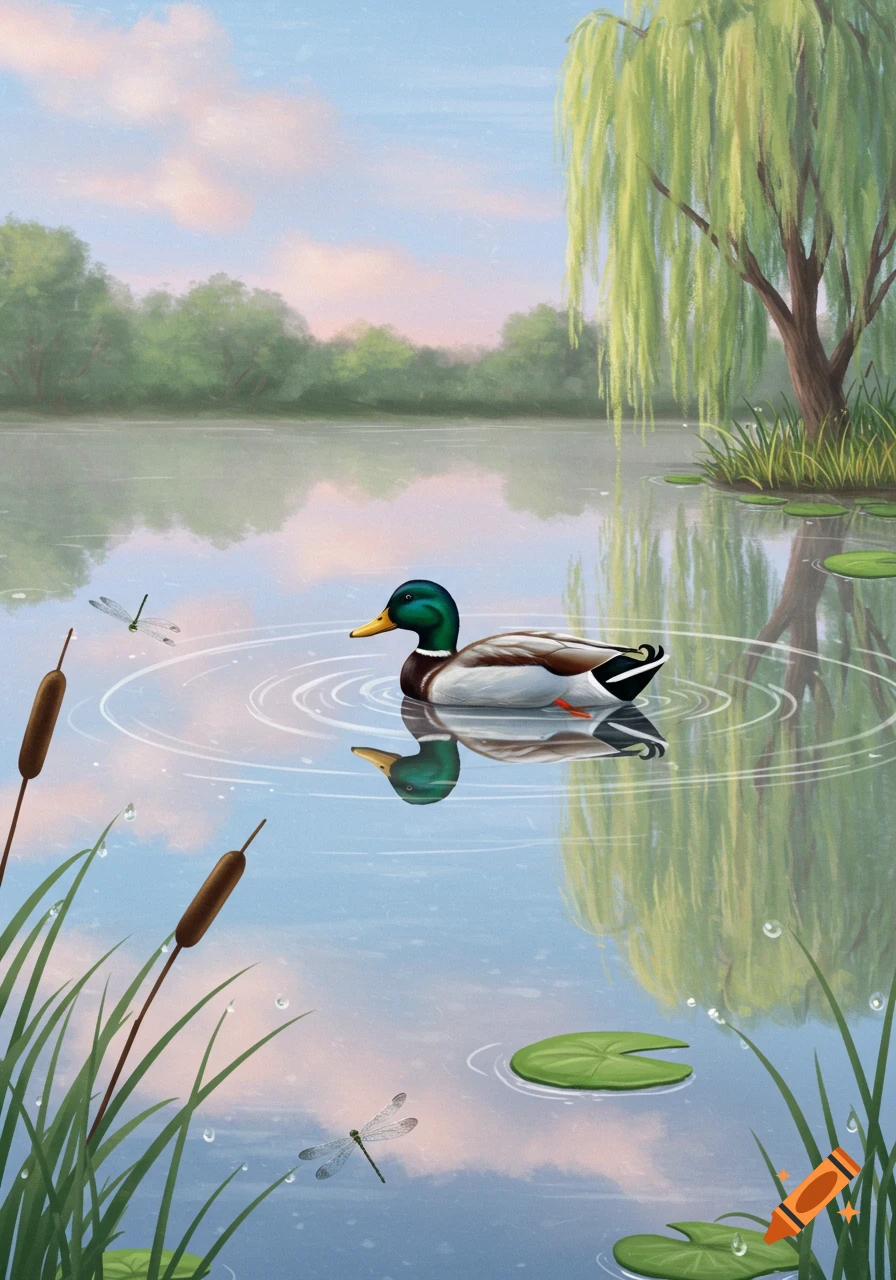 An illustrated mallard duck swims on a calm pond with lily pads and cattails, reflecting a cloudy sky and willow tree.