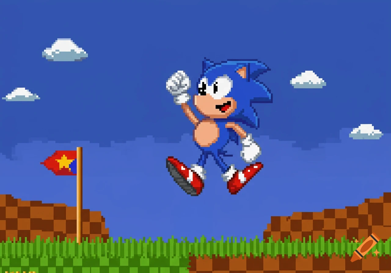Pixel art Sonic the Hedgehog jumps with left arm raised in a vibrant 8-bit landscape with a flag.