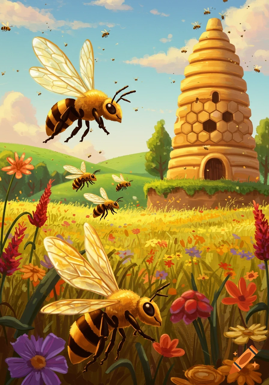 Vibrant cartoon illustration of bees flying around a tall beehive in a colorful flowery meadow.