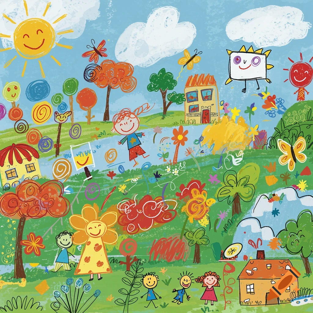 Colorful crayon drawing of a sunny landscape with smiling child-like figures, houses, trees, and butterflies.