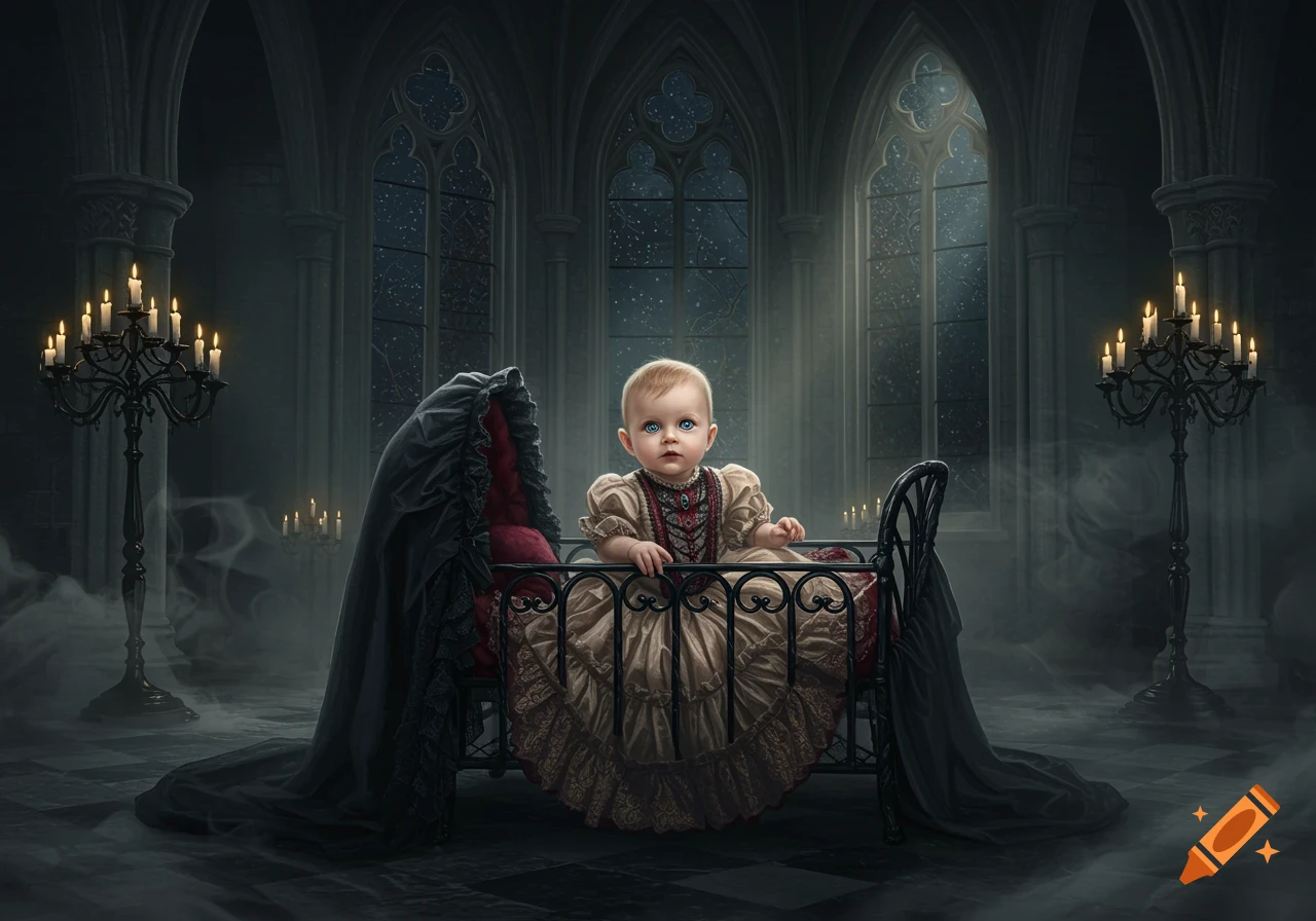 A baby in a dark gothic room, wearing a vintage dress, sits in an ornate metal crib under arched windows, illuminated by candelabras.