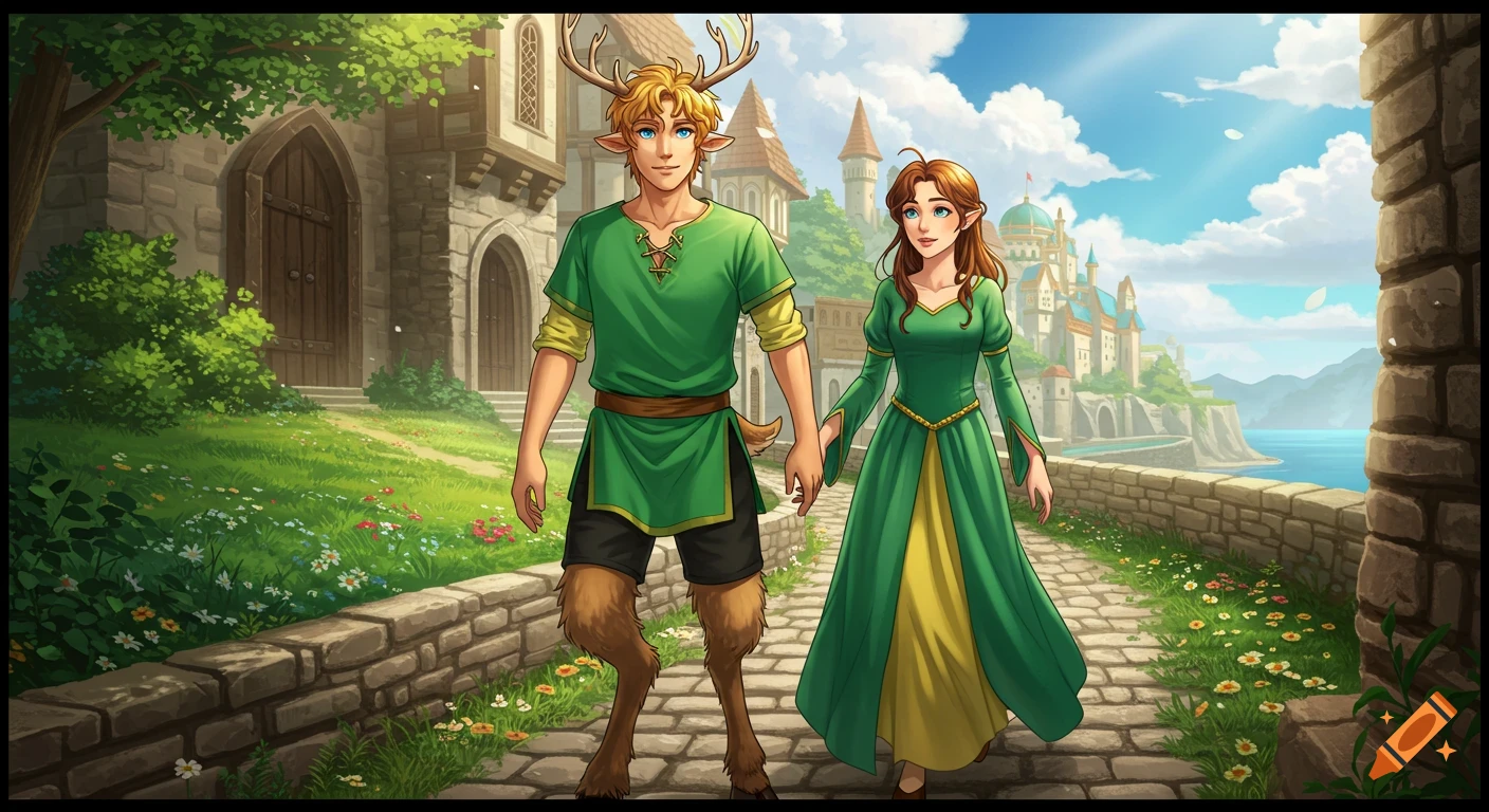 An anime-style satyr man with antlers and a woman in a green dress walk a stone path past a castle overlooking the sea.