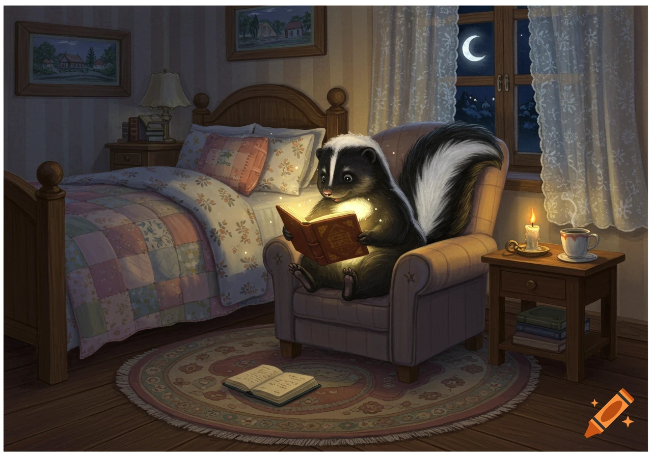 A whimsical illustration of a cute skunk reading a glowing book in a cozy bedroom armchair at night.