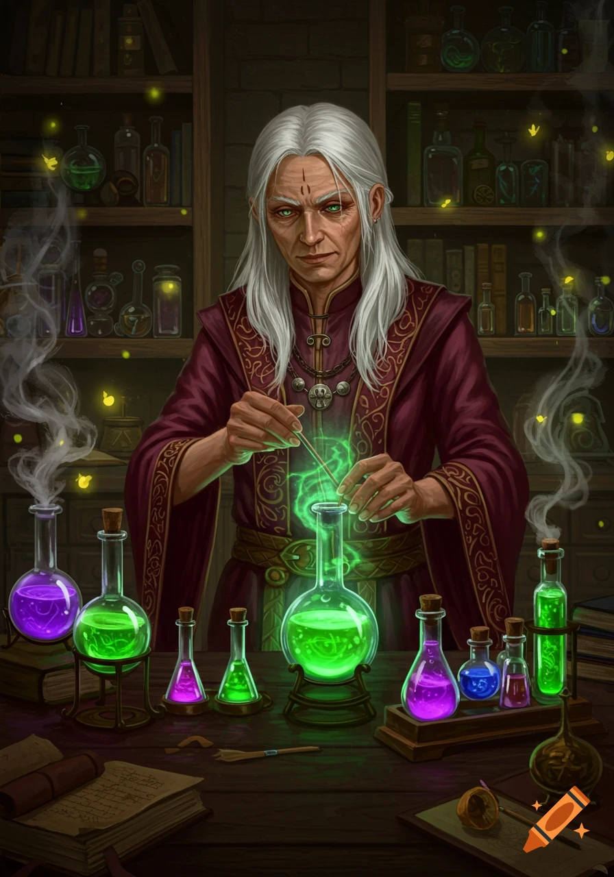 An old alchemist with white hair and green eyes mixes a glowing green potion in a dimly lit lab filled with bottles.