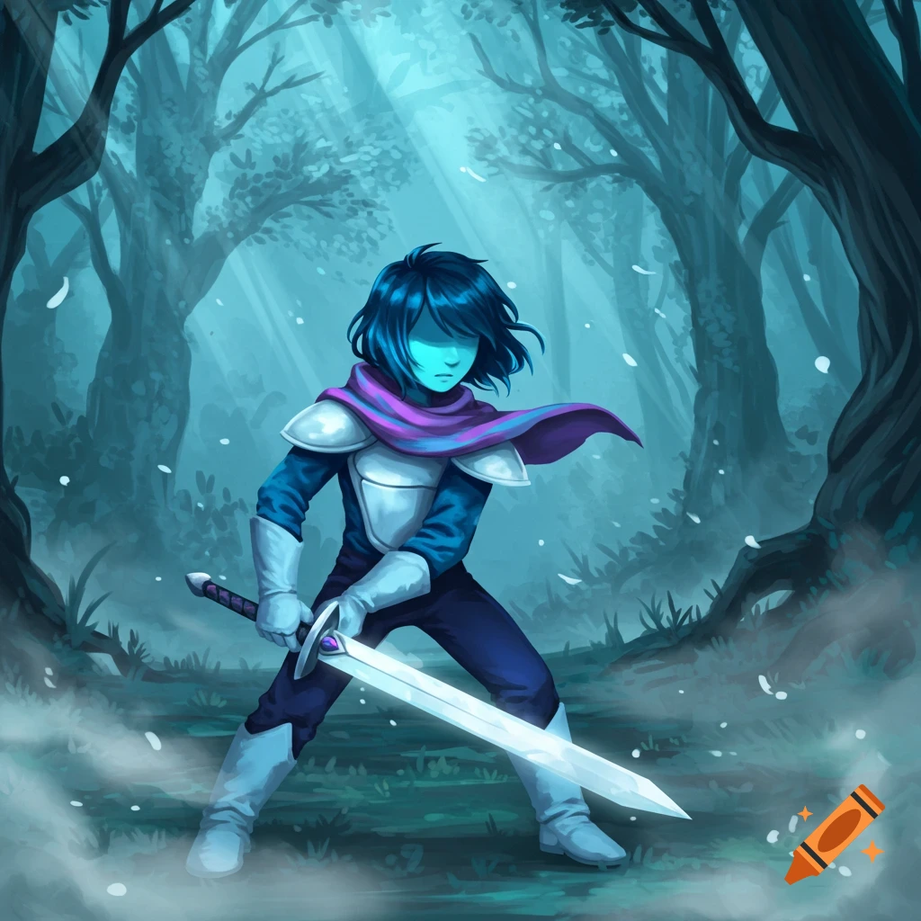 A blue-faced character in armor and a purple scarf holds a glowing sword in a mystical, misty forest.