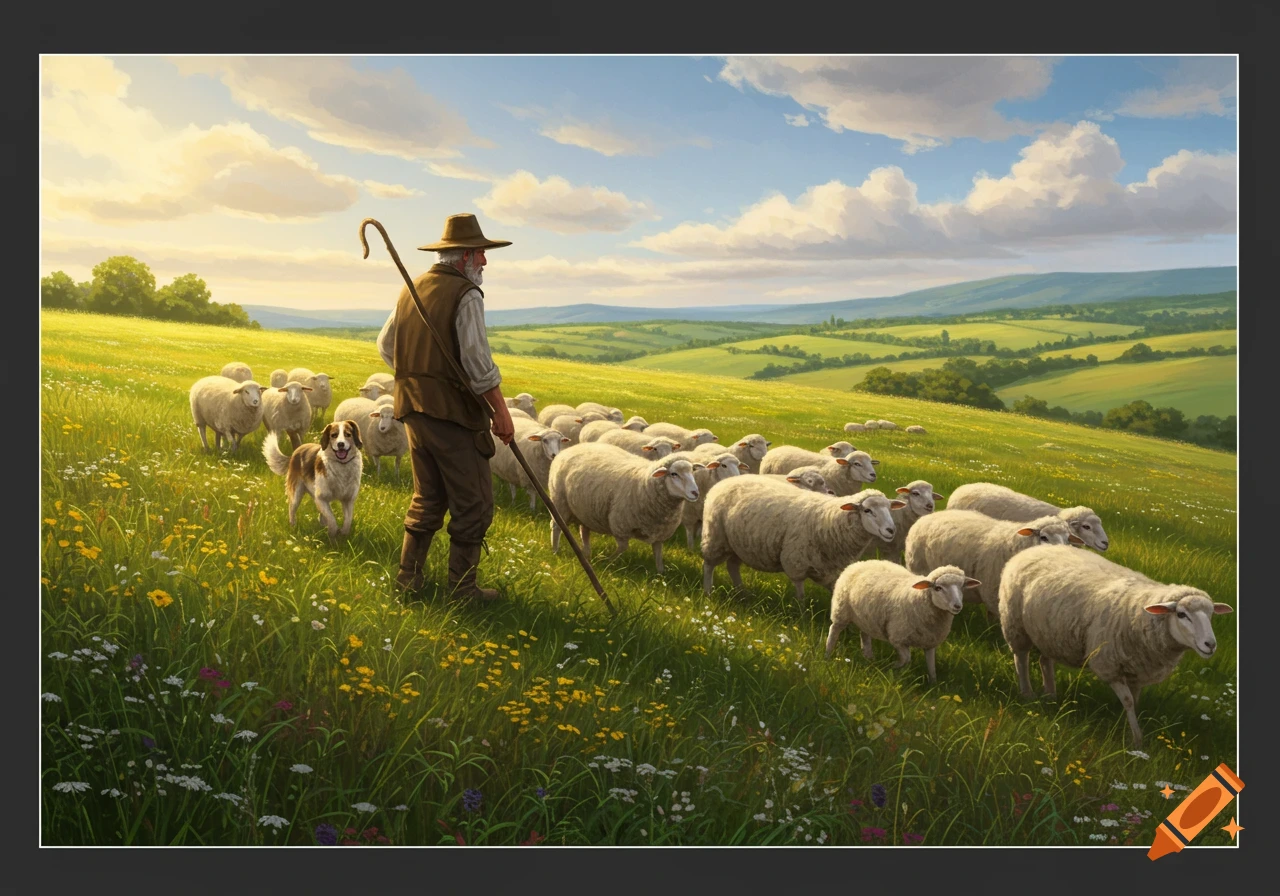 A shepherd with a staff and his dog leads a flock of sheep across a vibrant green, wildflower-filled hillside under a cloudy sky.