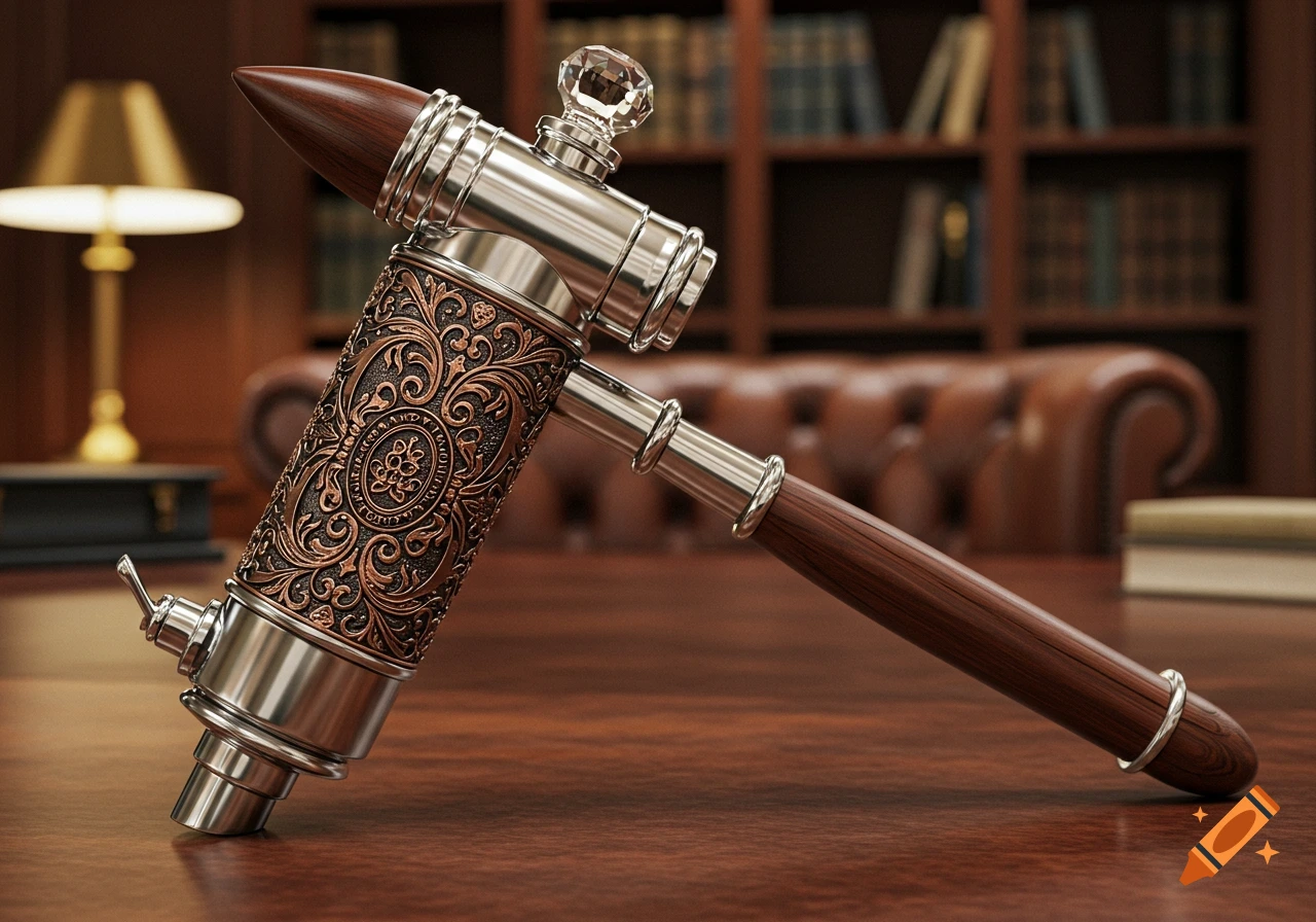 An ornate, photorealistic gavel with wood, polished metal, and a crystal top, resting on a wooden desk in a blurred library background.