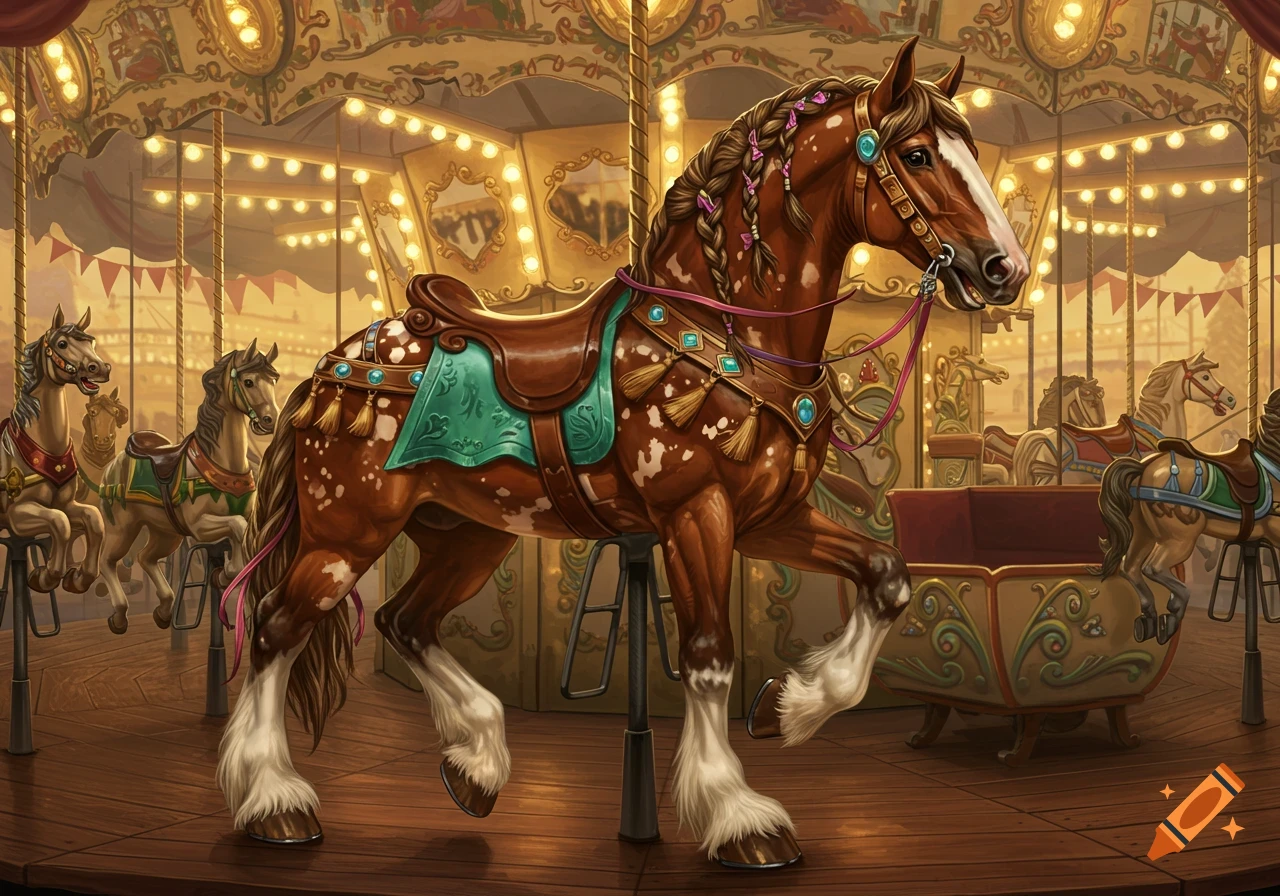 An ornate brown carousel horse with a teal saddle and braided mane stands on a brightly lit carousel.