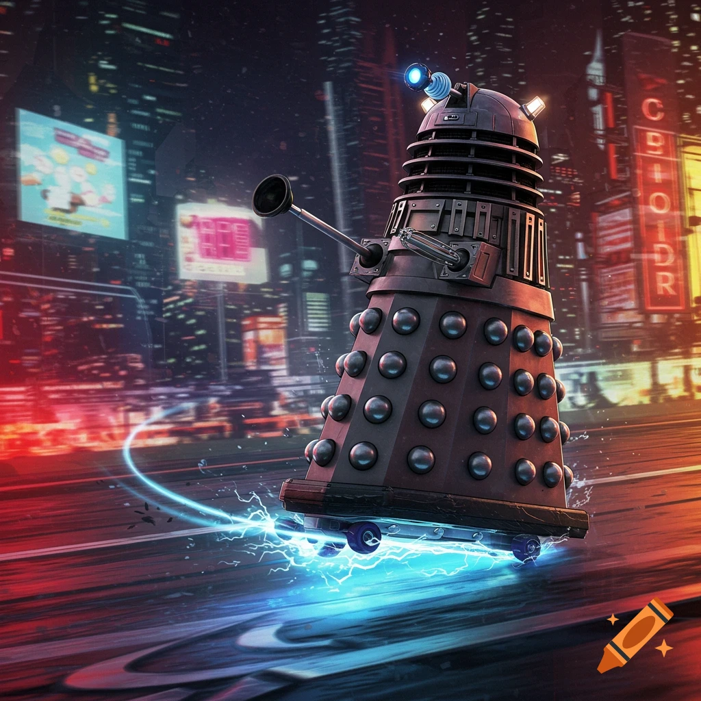 A Dalek on a hoverboard kickflipping over a neon-lit futuristic city street, trailing electric blue energy.