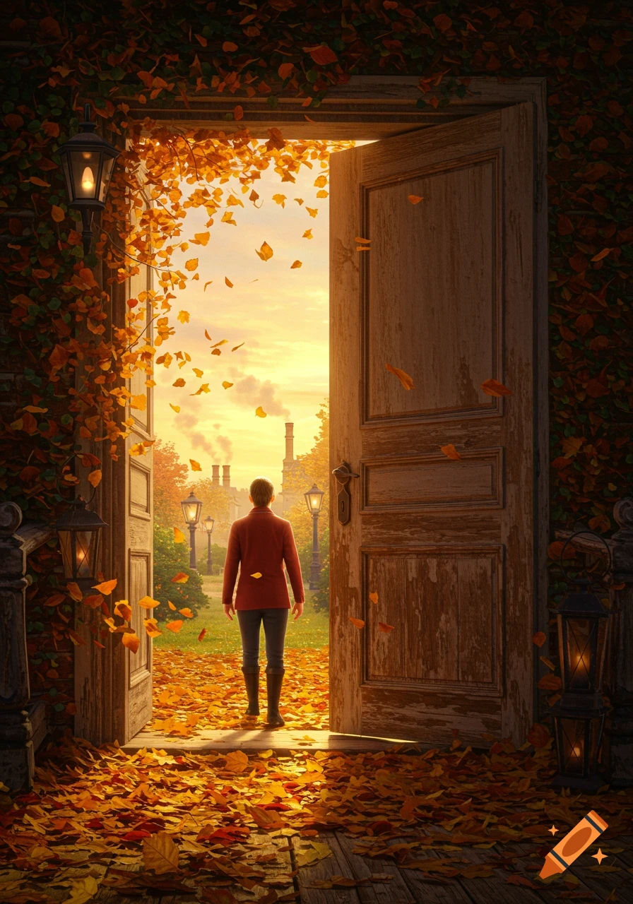 Person in red jacket opens a door covered in ivy to a bright autumn park with falling leaves.