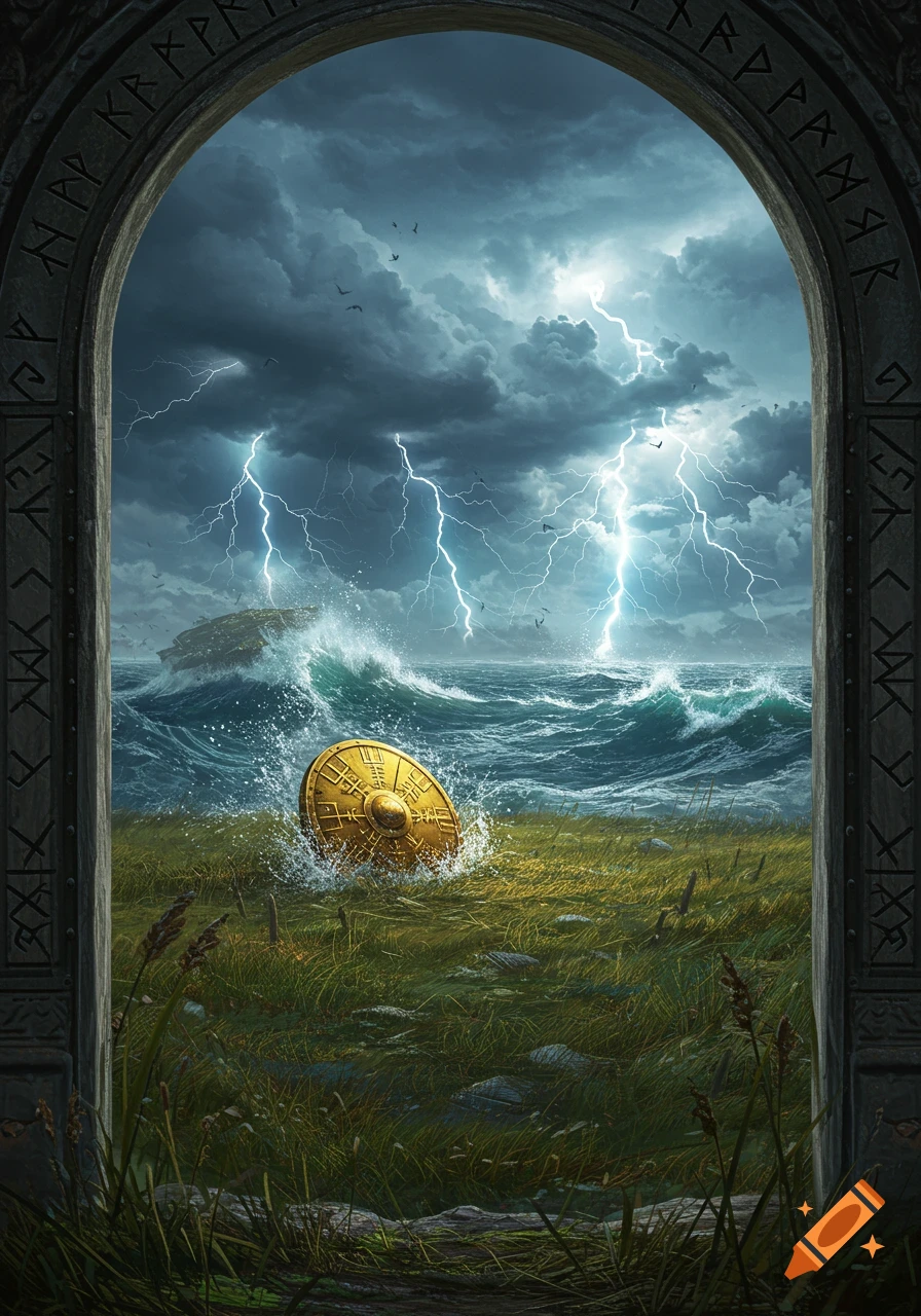 A stormy sea with a sinking ship and lightning viewed through a runic stone archway, a golden shield splashes in a grassy field.
