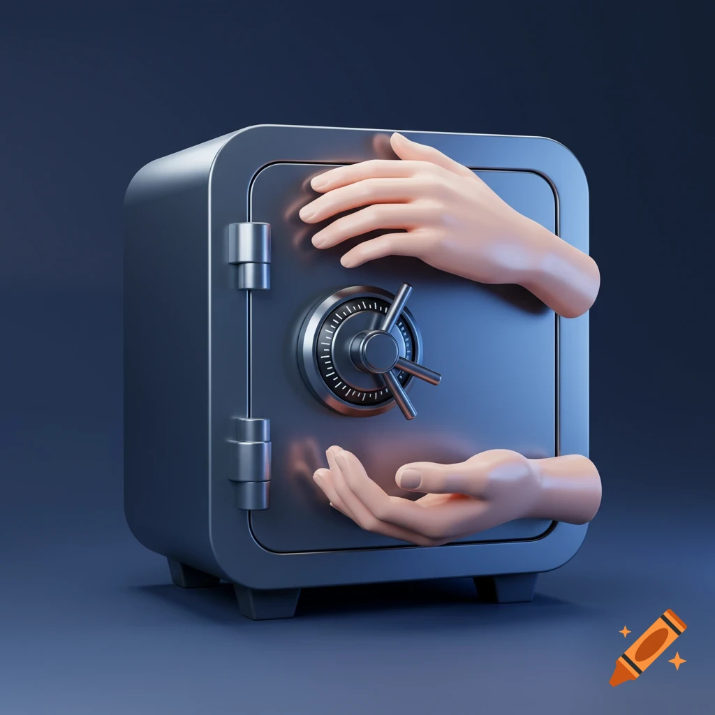 A minimalist 3D render of a gray safe being held by two stylized human hands, set against a dark blue background.