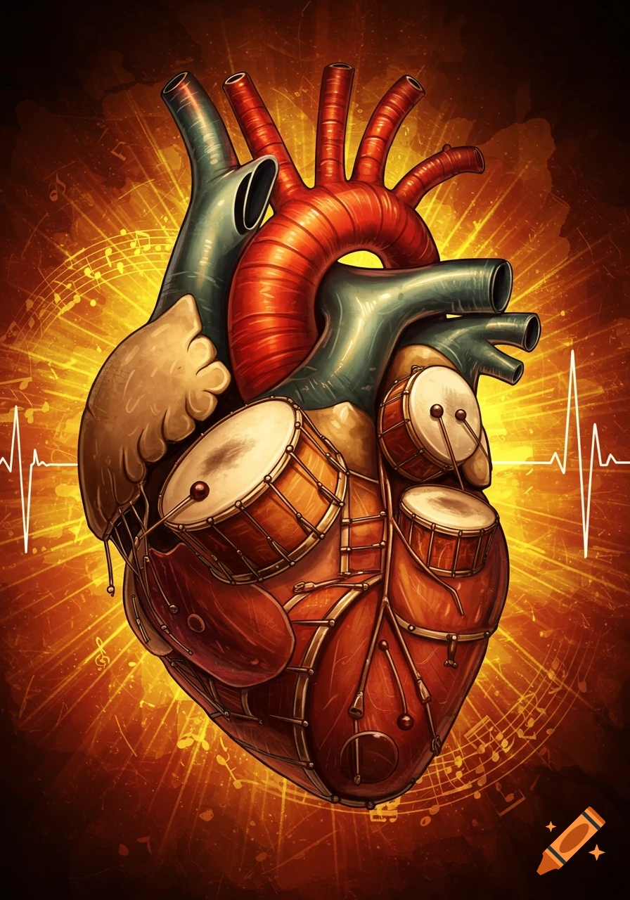 Artistic human heart sculpted from drums, surrounded by glowing musical notes and an ECG waveform.