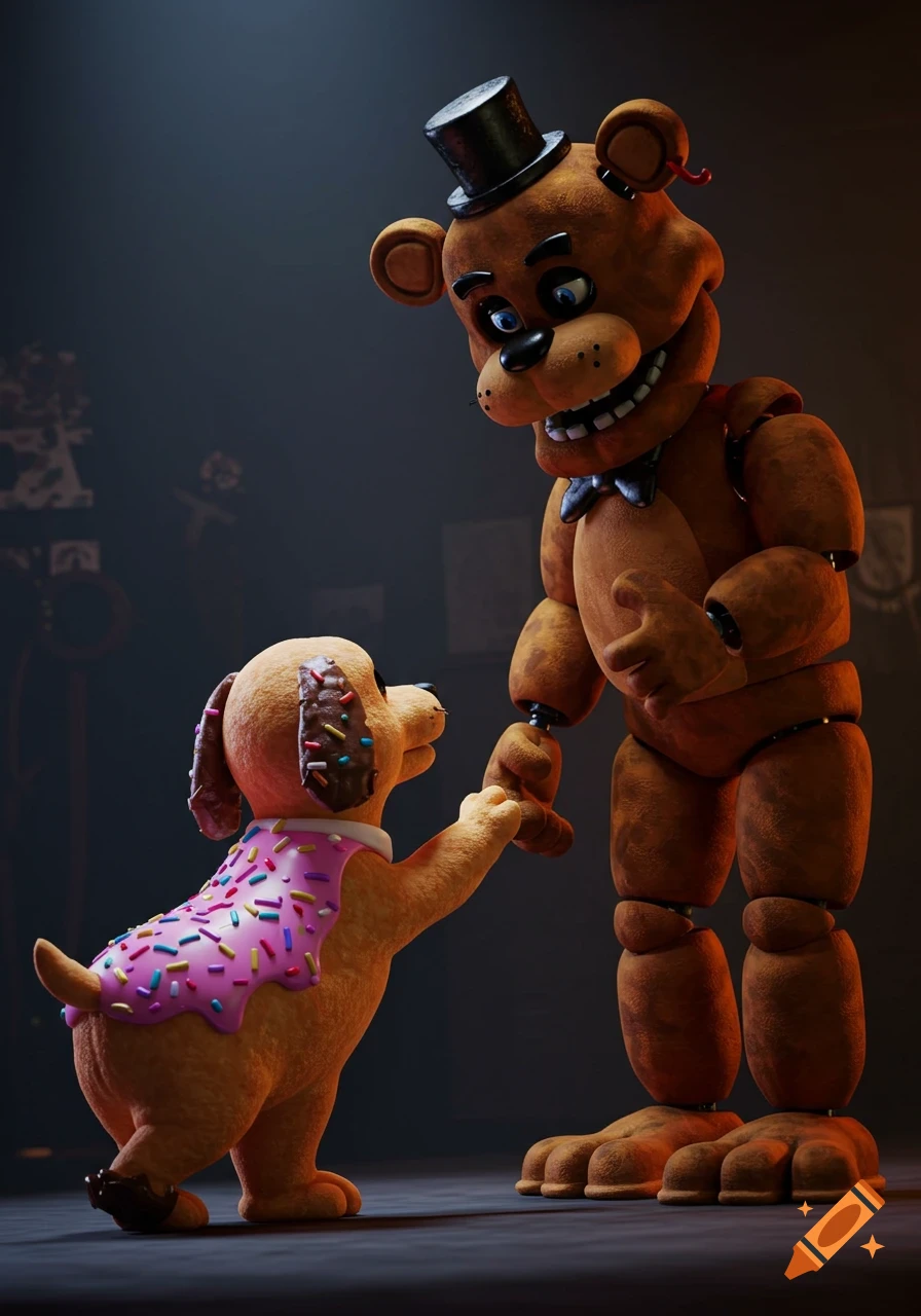 A cute brown donut dog shakes hands with Freddy Fazbear in a dimly lit room, rendered in 3D.