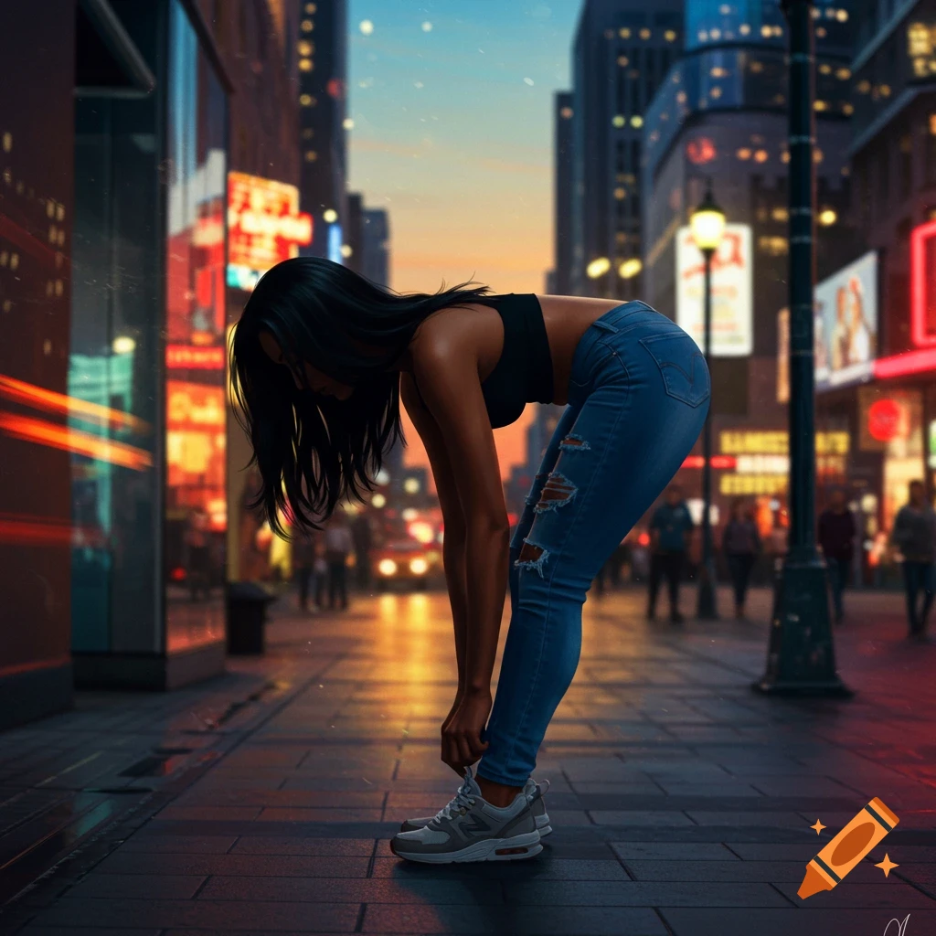 Woman in black crop top and ripped jeans bends to tie her shoe on a city street at dusk, with blurred neon lights.