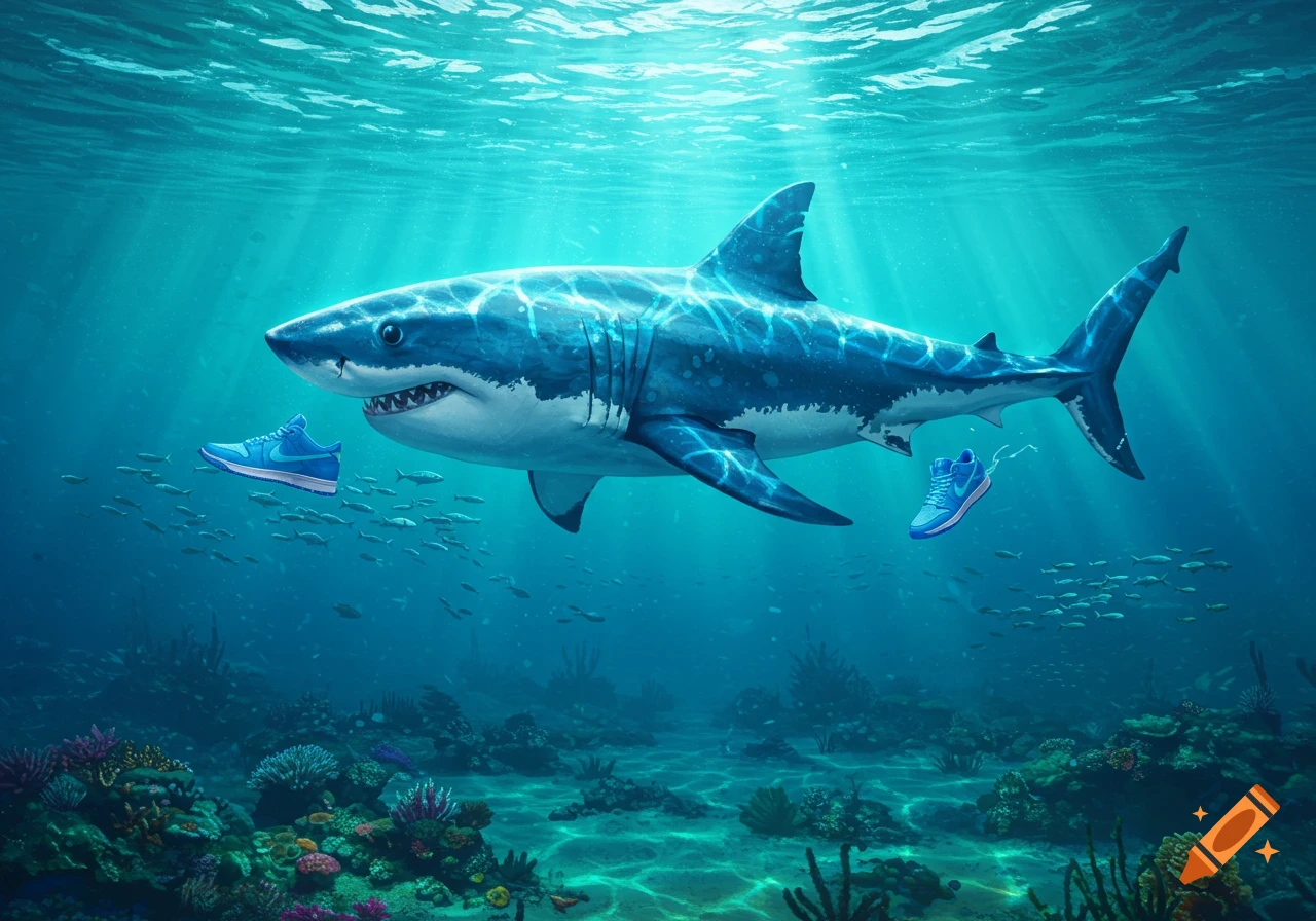 A large shark swims underwater with two blue Nike sneakers floating nearby, surrounded by schools of fish and coral.