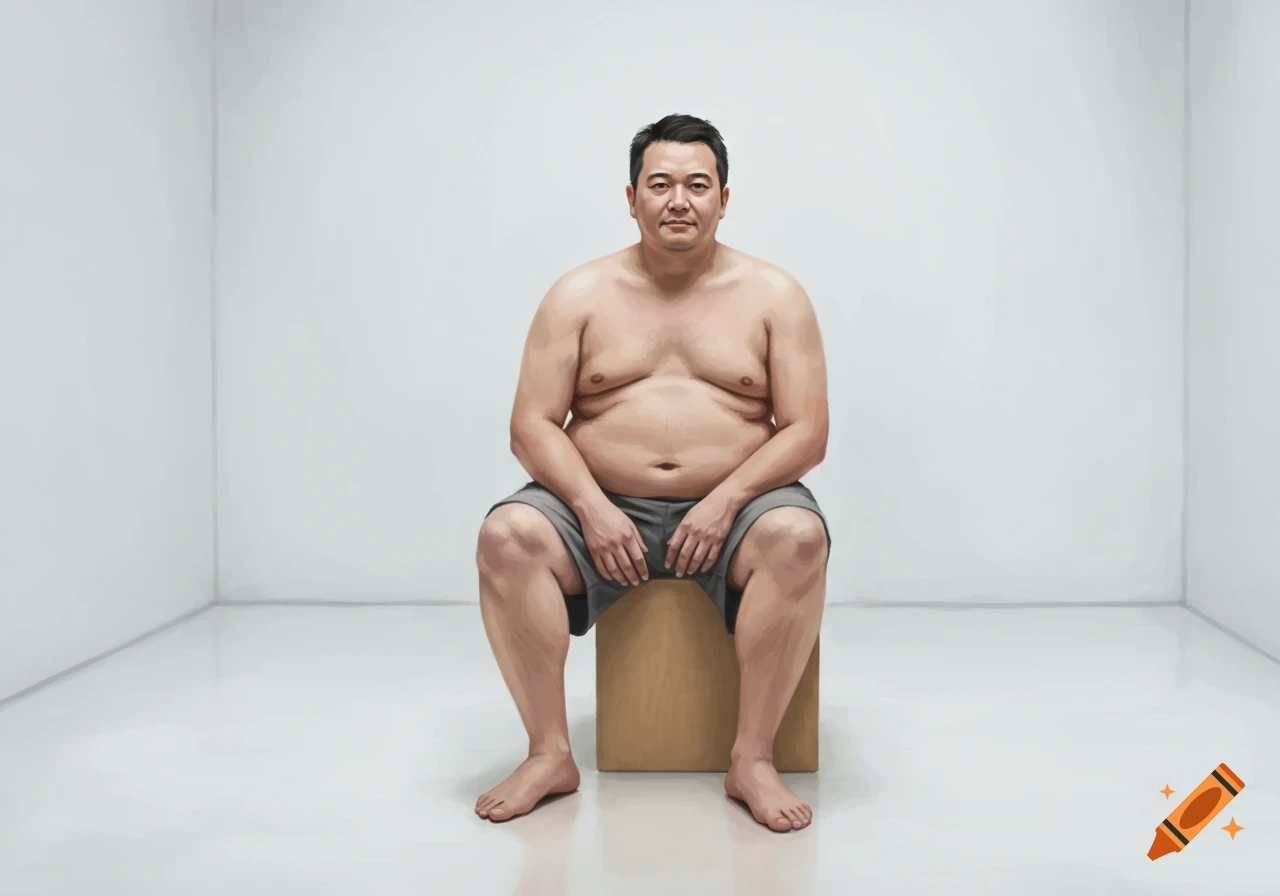 An overweight man, shirtless and in shorts, sits on a box in a white room, facing the camera.