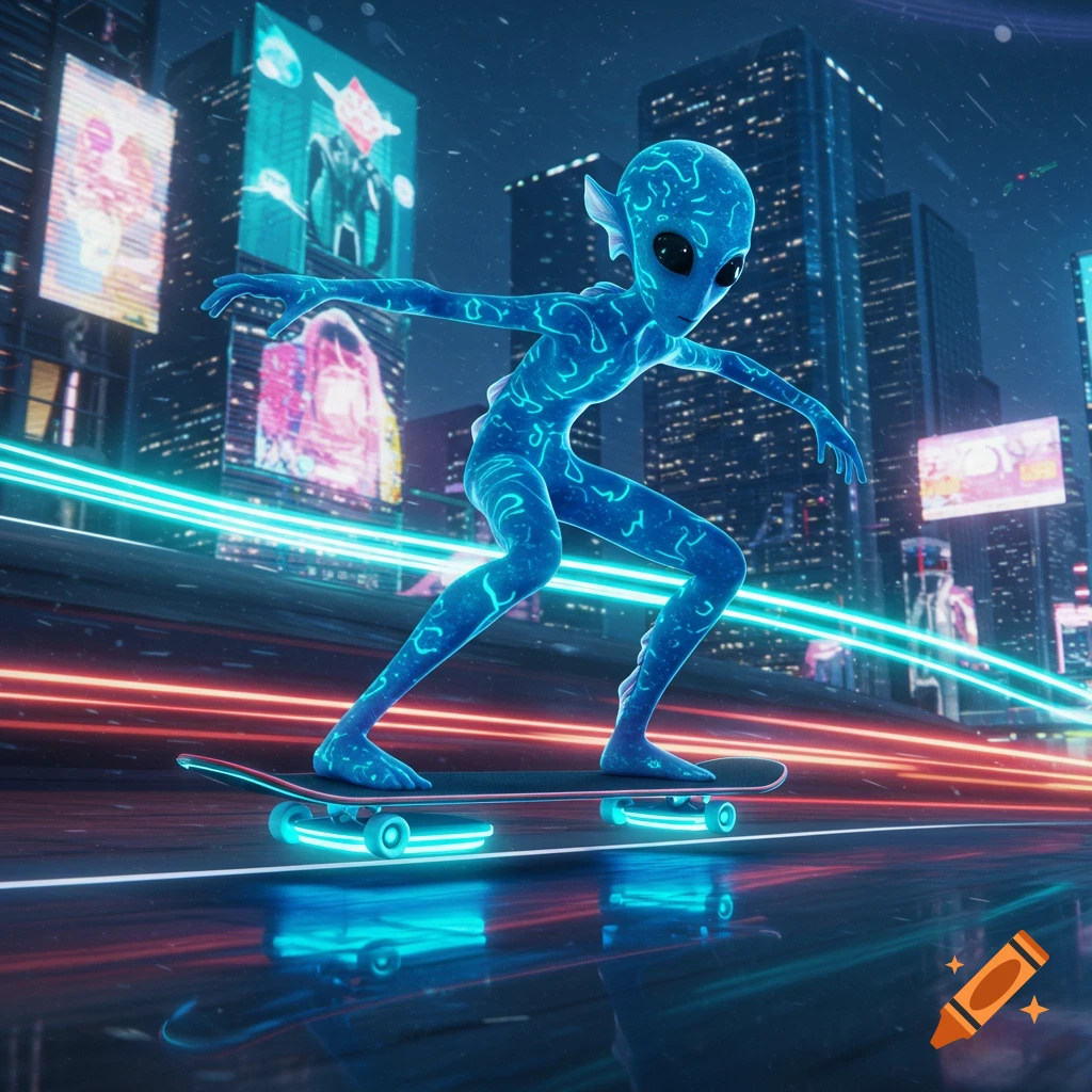 A glowing blue alien with intricate patterns skateboards down a futuristic city street at night, surrounded by neon lights and reflections.