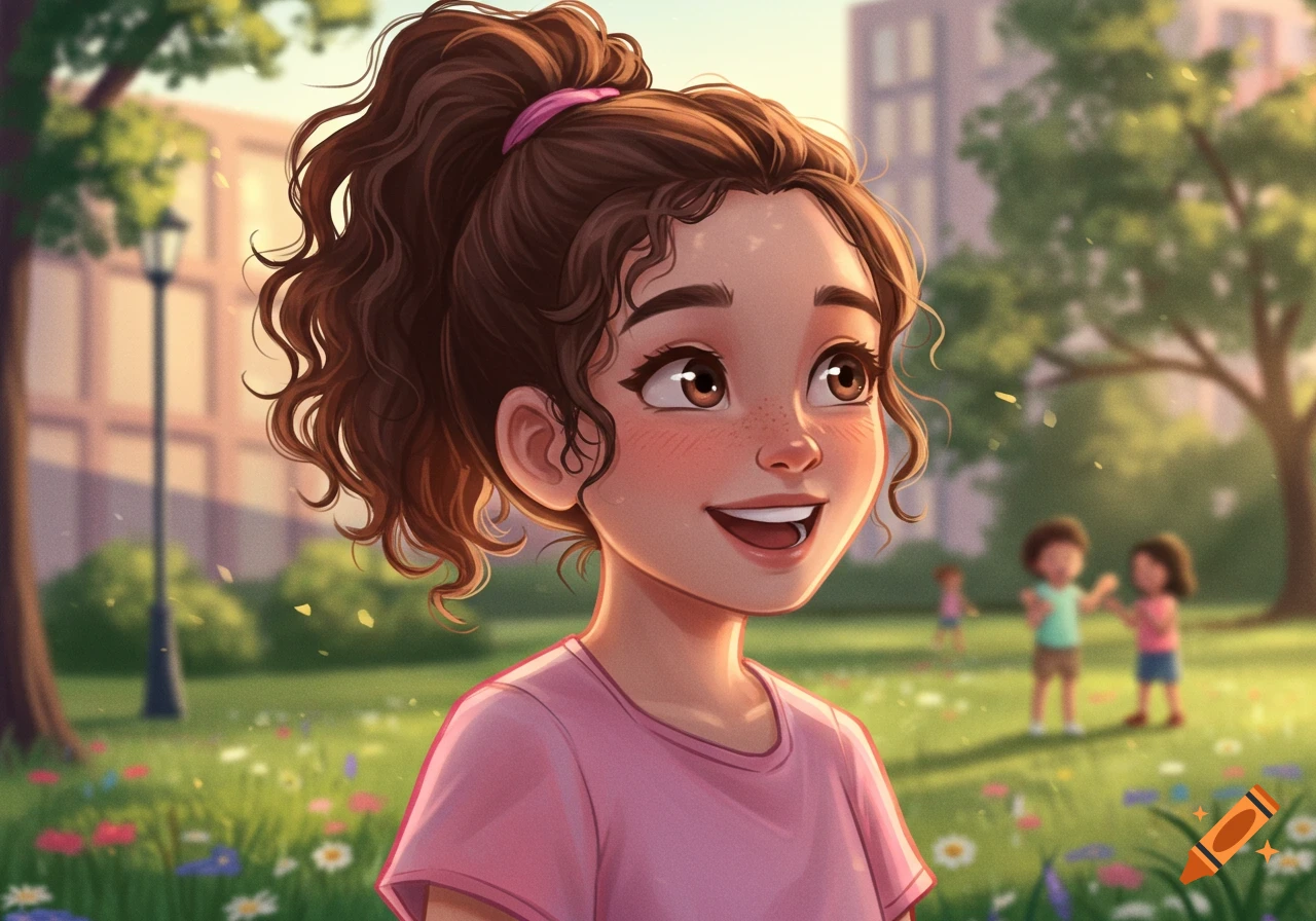 A smiling cartoon girl with brown curly hair in a high ponytail stands in a sunny park with other children playing in the background.
