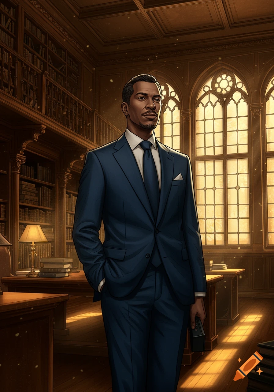 An illustrative portrait of a man in a navy suit standing in a grand library bathed in golden light.