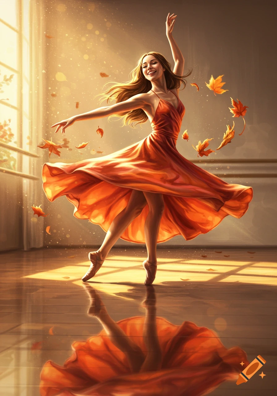A smiling ballet dancer in an orange dress twirls amidst golden autumn leaves in a sunlit studio, reflected on the floor.