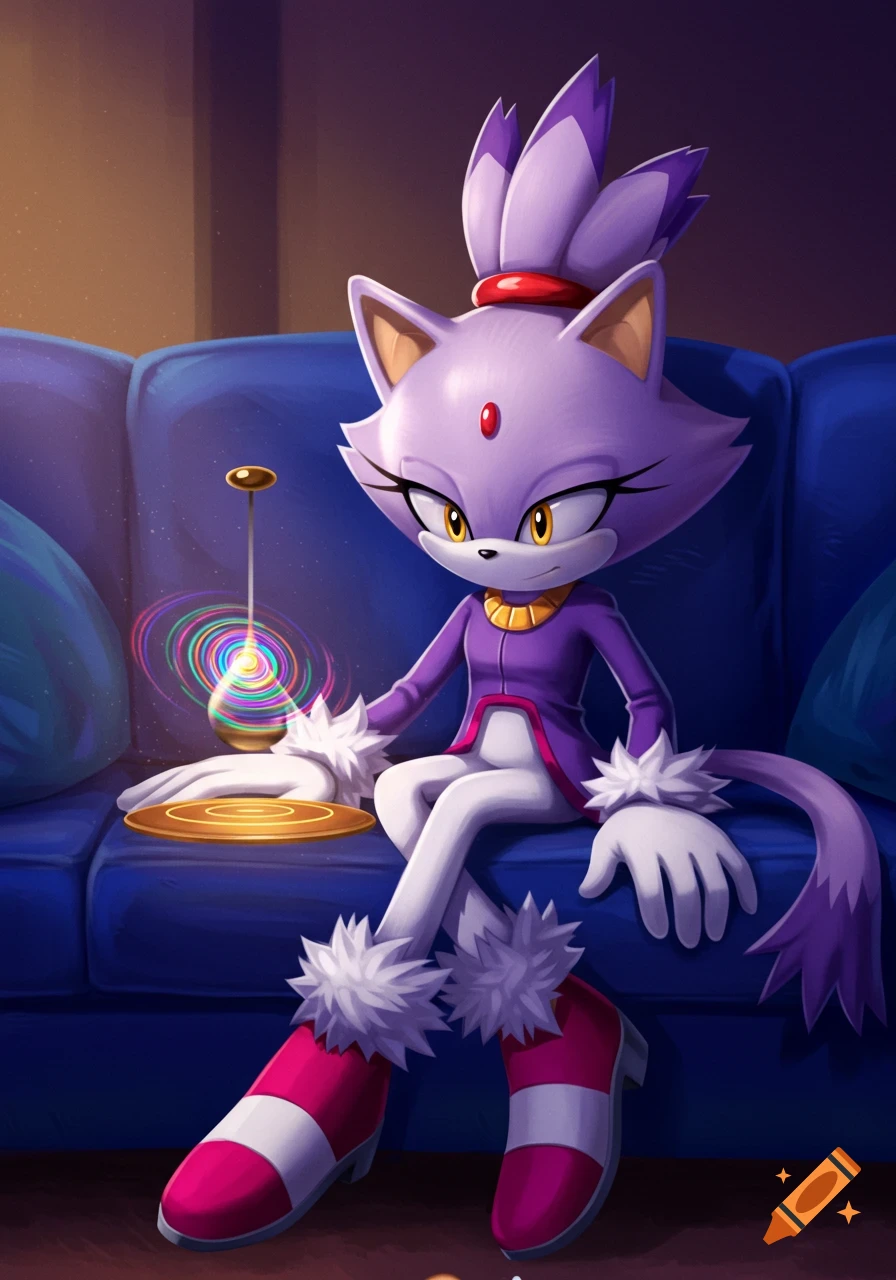 Blaze the Cat sits on a blue couch, mesmerized by a colorful, spinning pendulum, in a cartoon style.