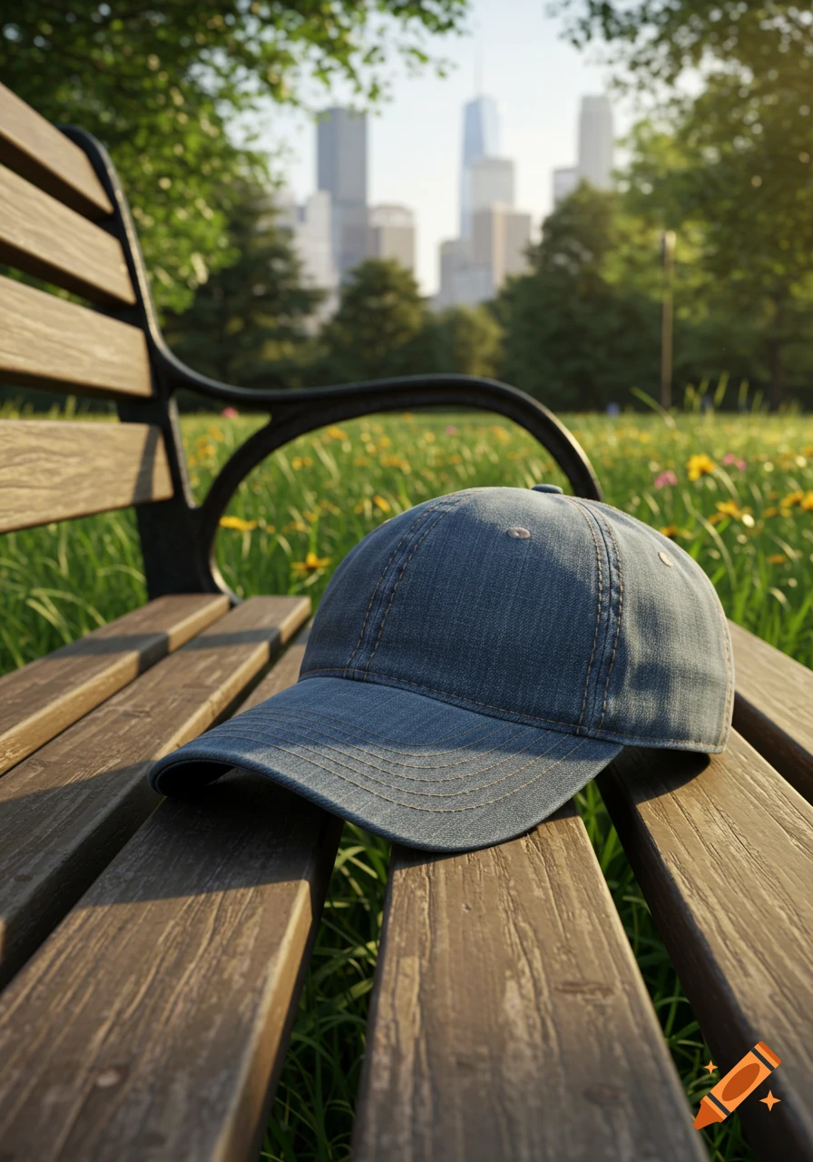 A blue denim ball cap rests on a wooden park bench, with green grass, yellow flowers, and a city skyline in the blurred background.