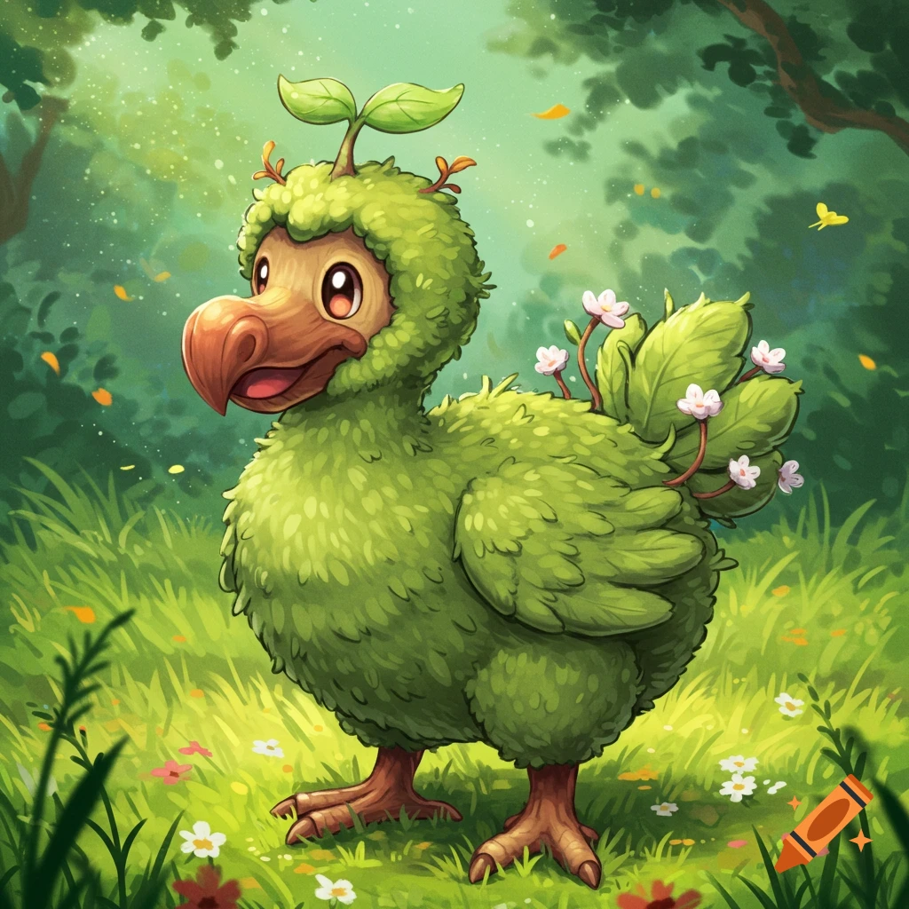 A whimsical, cartoonish green dodo-like creature with mossy feathers, leaves, and flowers on its back, standing in a lush forest.