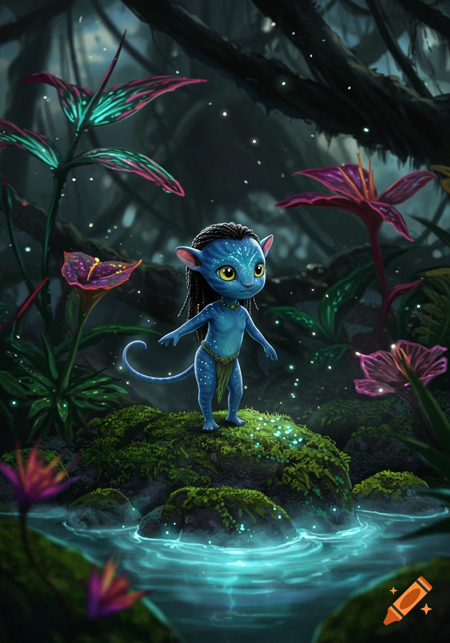 A cute, cat-sized blue Na'vi with braids and yellow eyes stands on mossy rocks in a glowing fantasy jungle with bioluminescent plants.