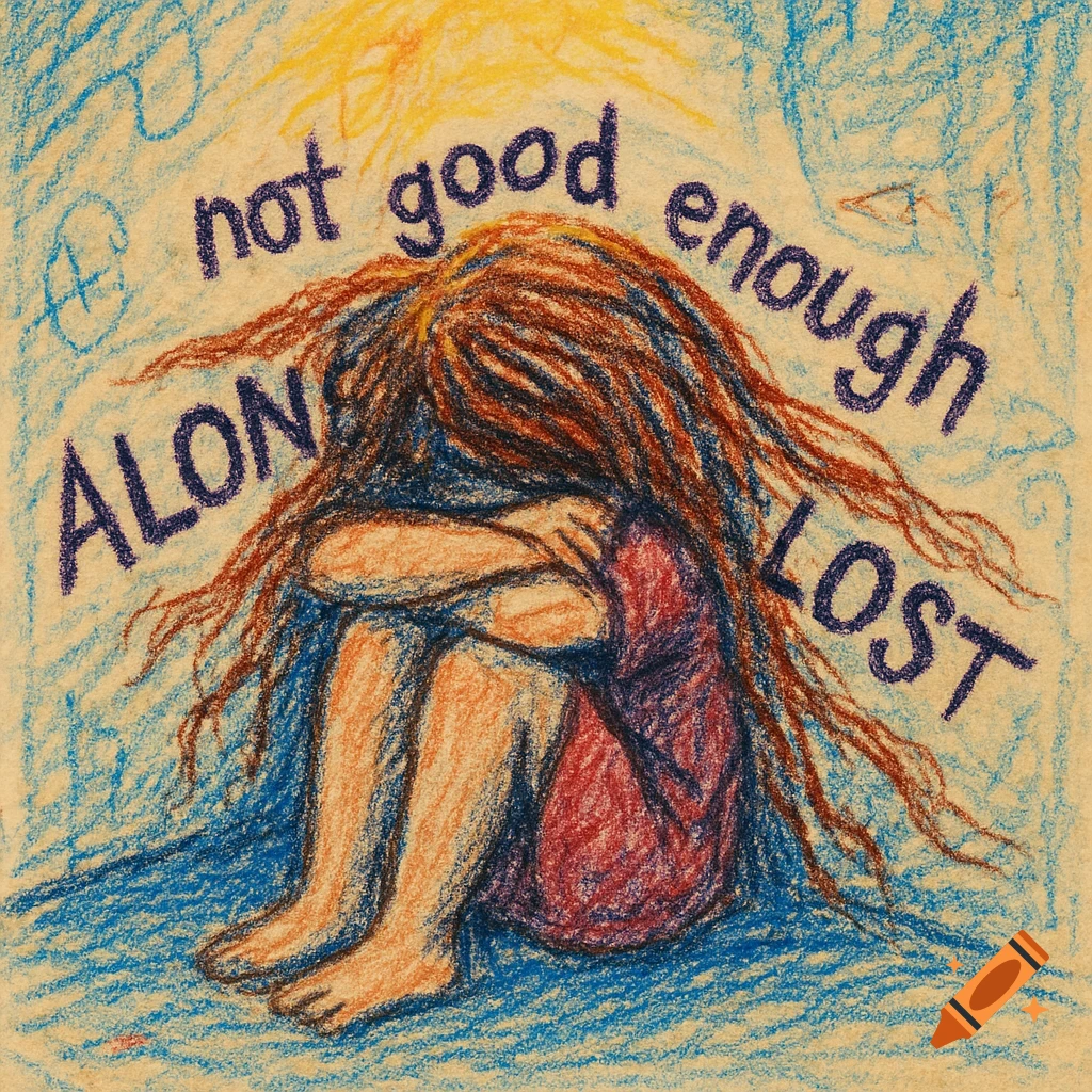 A crayon drawing of a sad girl hugging her knees, head down, surrounded by text reading 'not good enough,' 'ALONE,' and 'LOST.'