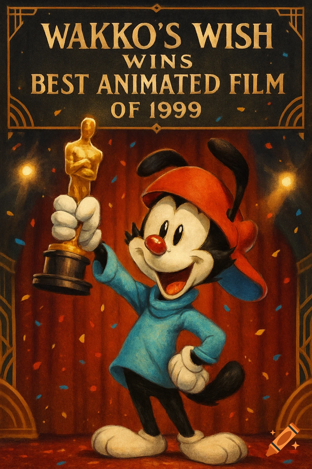 Wakko Warner on a stage, proudly holding an Oscar trophy with confetti, under a headline 'WAKKO'S WISH WINS BEST ANIMATED FILM OF 1999' in an illustrative style.