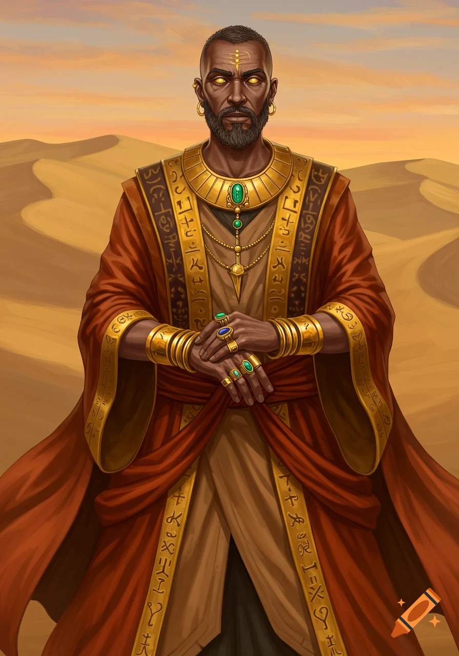 A dark-skinned, bearded man with yellow eyes wears an elaborate red and gold ancient desert sorcerer-king outfit with emeralds, standing in a desert.