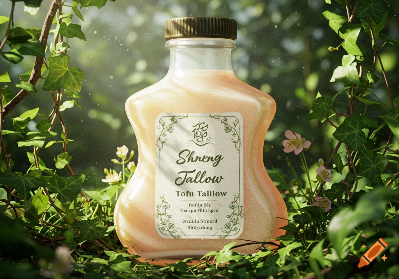 A photorealistic bottle of Shneng Tallow, Tofu Tallow, with a decorative label, nestled among green ivy and pink flowers in dappled sunlight.