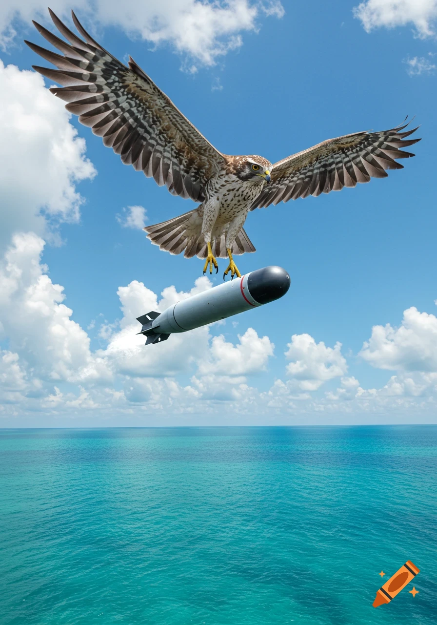 A hawk in mid-flight releasing a torpedo over a bright blue ocean under a clear sky with clouds.