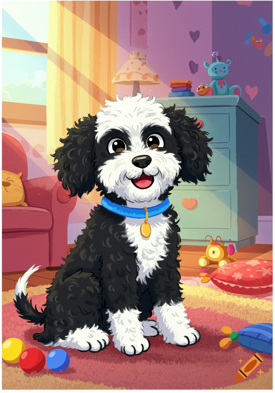 A cute, fluffy black and white cartoon dog with a blue collar sits happily on a carpet surrounded by toys in a sunny room.