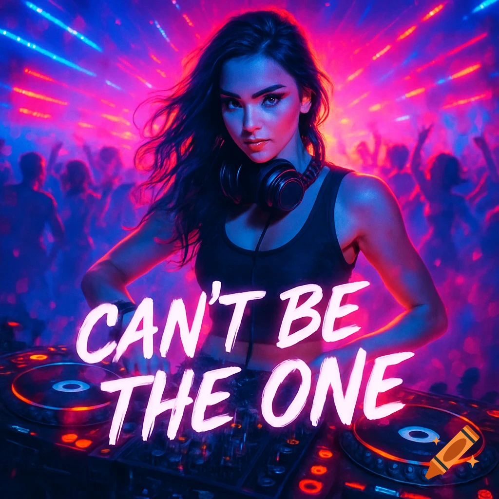 A female DJ with headphones around her neck works at turntables in a vibrant neon-lit rave. The text 'CAN'T BE THE ONE' is overlaid.