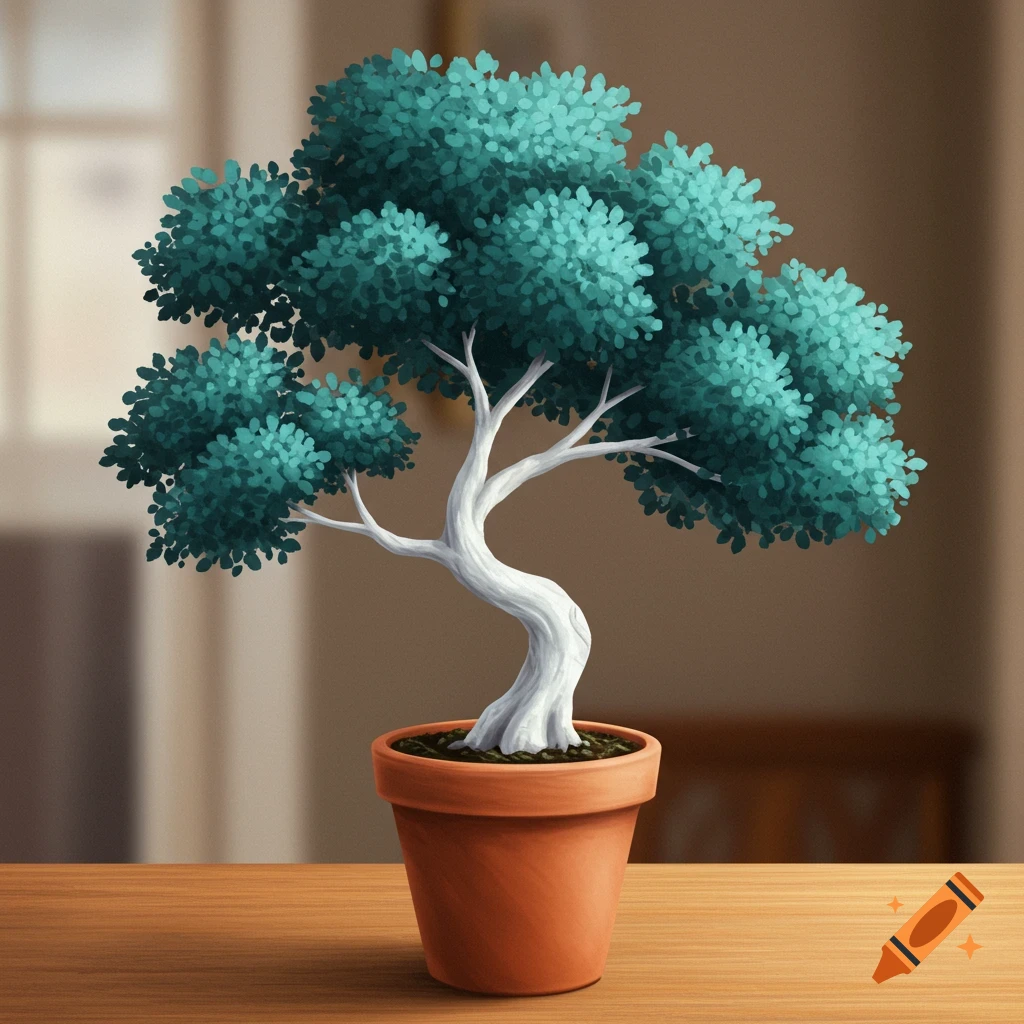A stylized small bonsai tree with a white trunk and dark teal leaves in a terracotta pot on a wooden table.