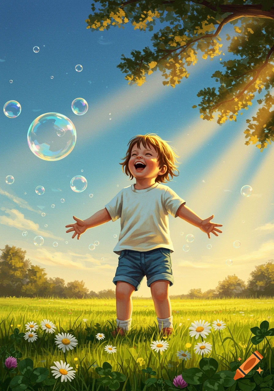 A joyful child laughs with arms outstretched amidst a grassy field with daisies, bubbles, and sunlight dappling through trees.