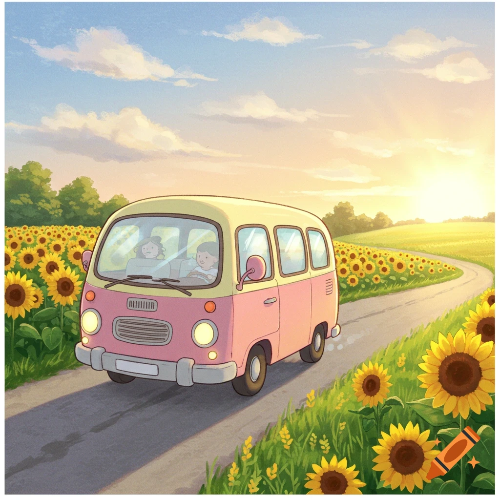 A cheerful cartoon bus, pink and yellow, drives through a field of sunflowers at sunset with two cartoon passengers.