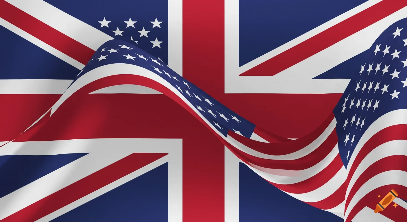 Waving American flag draped over the Union Jack flag, creating a mixed design.