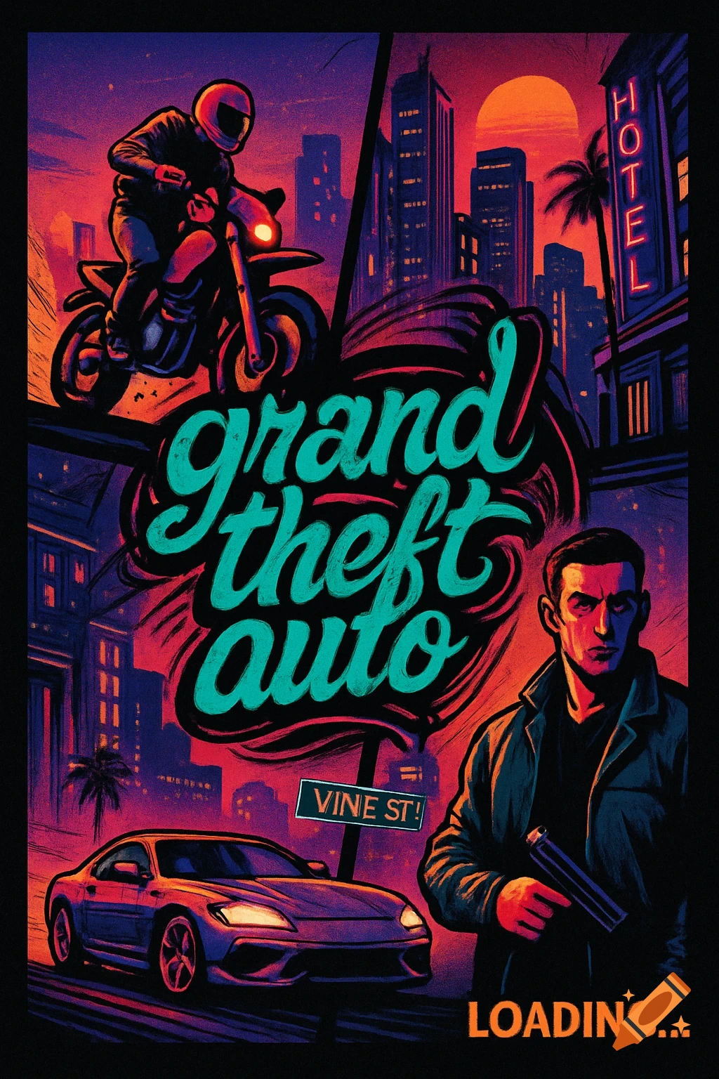 Stylized Grand Theft Auto loading screen art showing a biker, man with a gun, car, and city skyline at sunset.