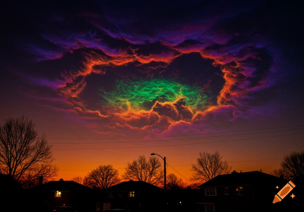 Vibrant, abstract cosmic nebula with red, purple, and green clouds over a dark suburban neighborhood at dusk, resembling a black light poster.