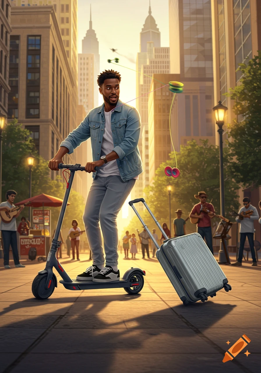 Photorealistic image of a man riding a scooter and pulling a suitcase while playing with a yoyo on a sunny city street.