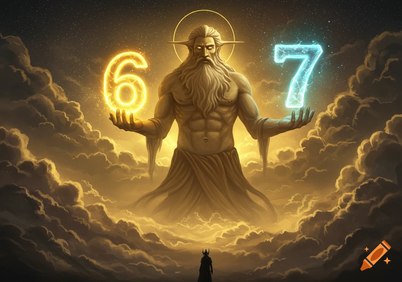 A powerful, bearded godly figure in a fantasy setting holds a glowing '6' and '7' amidst golden clouds, with a small figure observing from below.